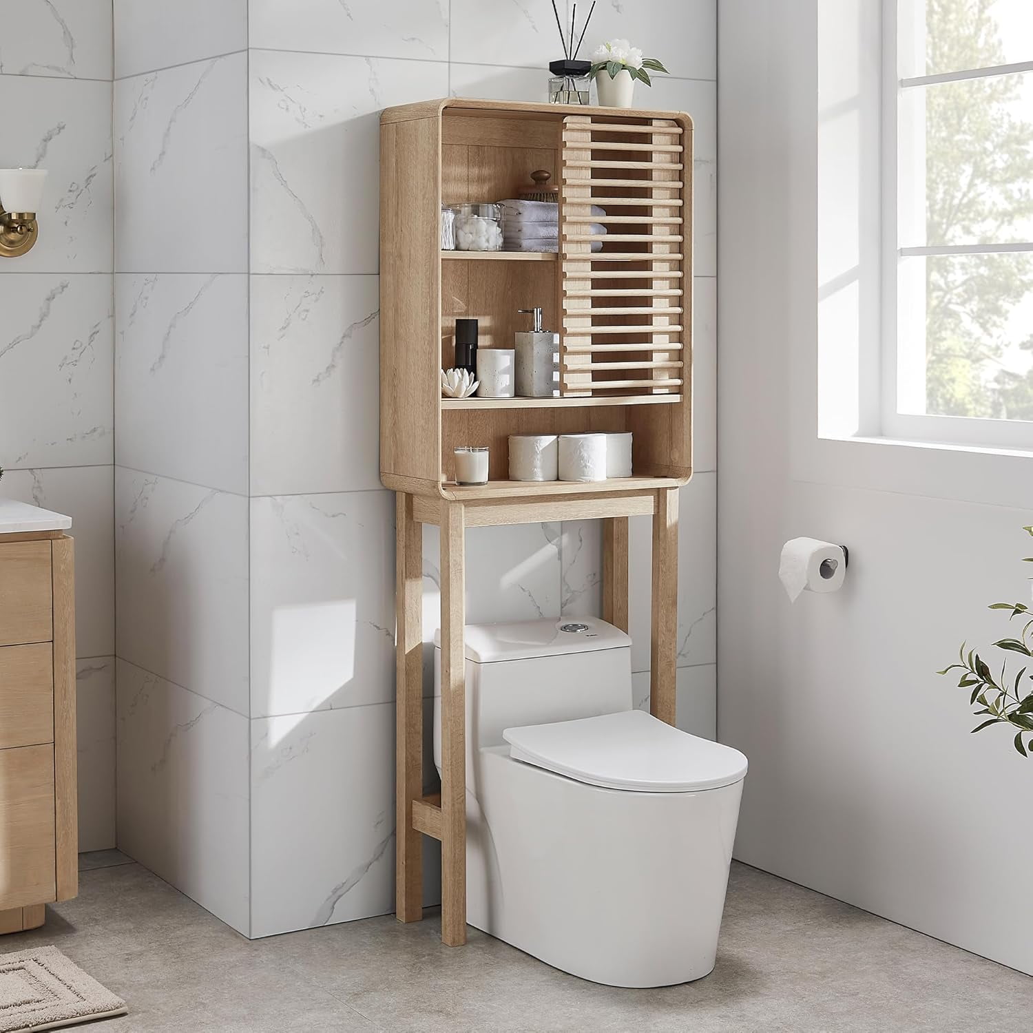 Slatted Door Bathroom Wall Cabinet Mid-Century Bathroom Storage Cabinet ...