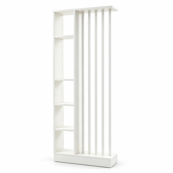 Slatted Room Divider with 5 Display Shelves, White, 31.5-Inch, Room Partition with Open Shelves and Vertical Slats for Living and Work Spaces