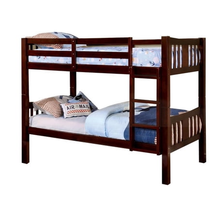 Slatted Twin Over Twin Bunk Bed with Attached Ladder Espresso Brown - Saltoro Sherpi