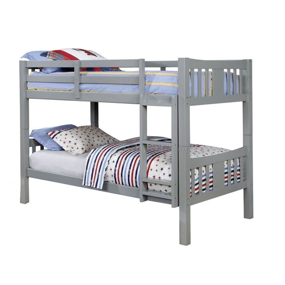 Slatted Twin Over Twin Bunk Bed with Attached Ladder Gray - Saltoro Sherpi