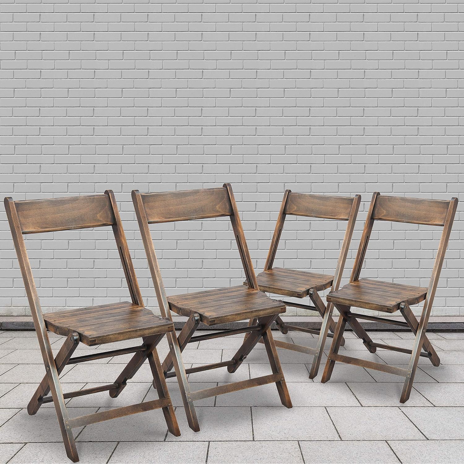 Antique Black Slatted Wood Folding Event Chair, Set of 4