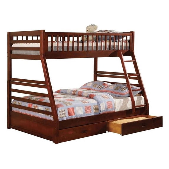 Slatted Wooden Bunk Bed with Attached Ladder, Cherry Brown - Twin Over Full Size