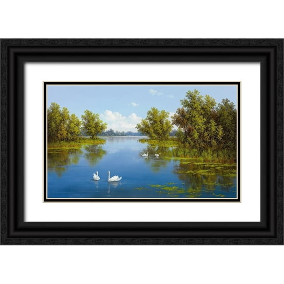 Slava 24x16 Black Ornate Wood Framed with Double Matting Museum Art Print Titled - RIVER WITH SWANS I