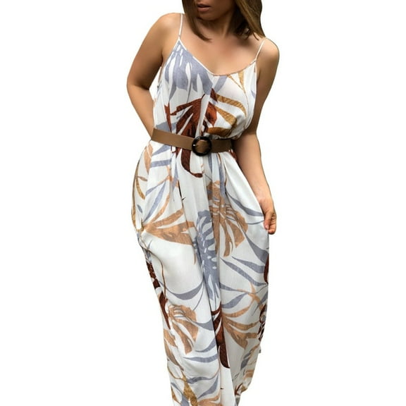 Women Lady Sleeveless Sling Dress V-neck Casual Loose High Waist Loose Beach Dress Floral Sundress