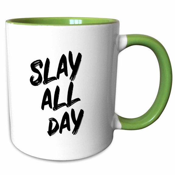 3drose, Slay All Day. Bold Black Brush Stroke Lettering on White Background., 11oz Two-tone Green Mug
