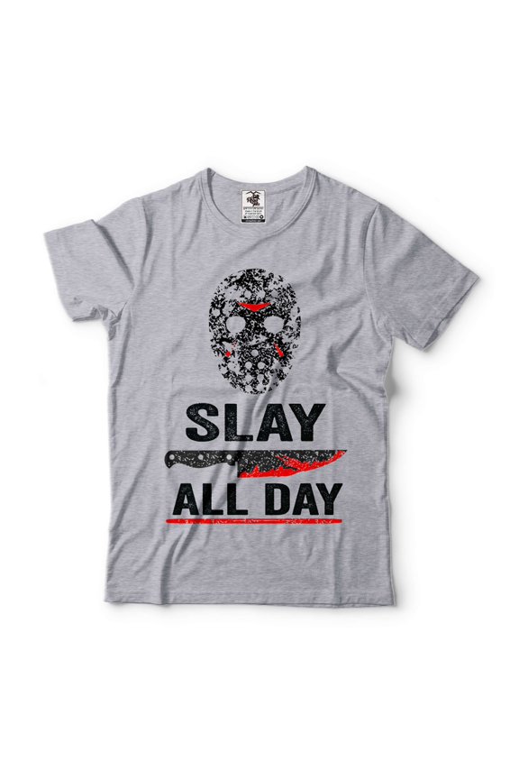 Slay All Day Shirt Halloween Movie Inspired Shirt Horror Movie Character Tee Shirt (Small Grey)