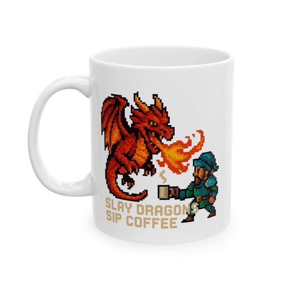 Slay Dragons Sip Coffee Mug, Pixel Art Fantasy Gamer Mug, Nostalgic Gaming Mug, Retro 16 Bit, Tabletop Gamer Gift, Video Game Lover Gift