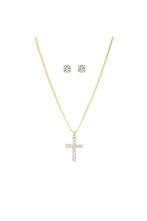 Slay Queen w/ Ladies on Fire Hip Hop 3pc Jewelry Italy Curb Link Chain Necklace, Cross Pendant, and Earrings Bling Set - TPBE-01 (24, Italy Link Gld (Cross))