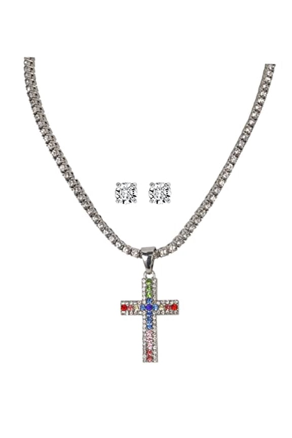 Slay Queen w/ Ladies on Fire Iced Out Rhinestone Jewelry set Diamond Tennis Necklace, Earrings, Pendant, or Bracelet Bling Set - TPBE-01 (18, Rainbow Silver)