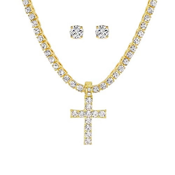 Slay Queen w/ Ladies on Fire Hip Hop 3pc Jewelry Necklace, Pendant, and Earrings Bling Set - TPBE-01 (24, 3mm Tennis Gold (Cross))