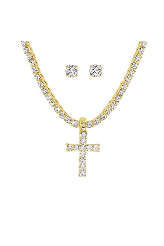 Slay Queen w/ Ladies on Fire Hip Hop 3pc Jewelry Necklace, Pendant, and Earrings Bling Set - TPBE-01 (24, 3mm Tennis Gold (Cross))