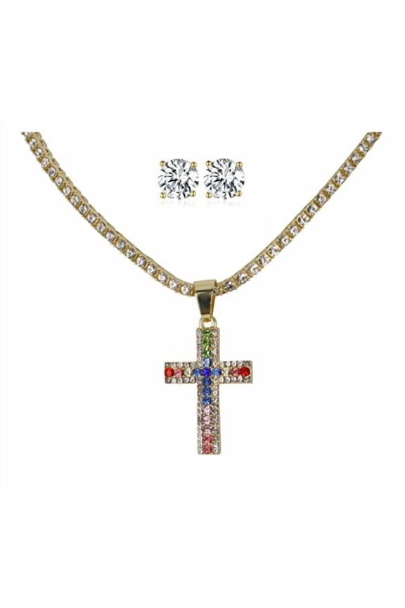 Slay Queen w/ Ladies on Fire Hip Hop 3pc Jewelry Necklace, Rainbow Cross Pendant and Earrings Bling Set - TPBE-01 (18, Rainbow Gold)