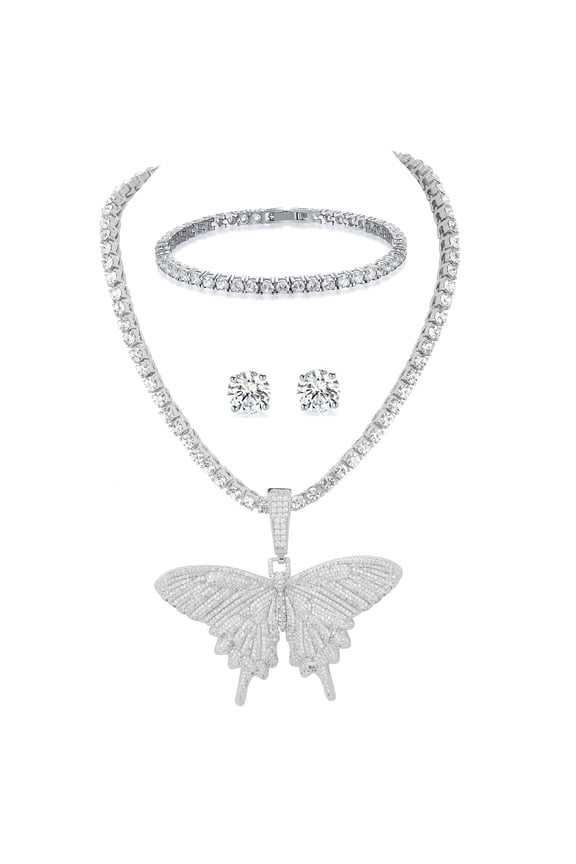 Slay Queen w/ Ladies on Fire Hip Hop 4pc Jewelry Tennis Necklace, Pendant, Bracelet and Earrings Bling Set - TPBE-01 (18" Butterfly Silver)