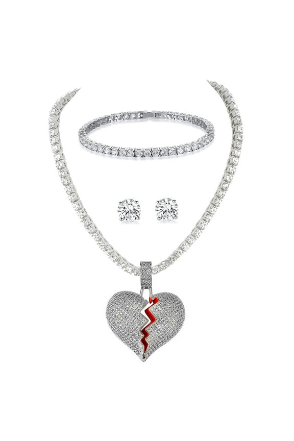 Slay Queen w/ Ladies on Fire Hip Hop 4pc Jewelry Tennis Necklace, Pendant, Bracelet and Earrings Bling Set - TPBE-01 (18" Heart Silver)