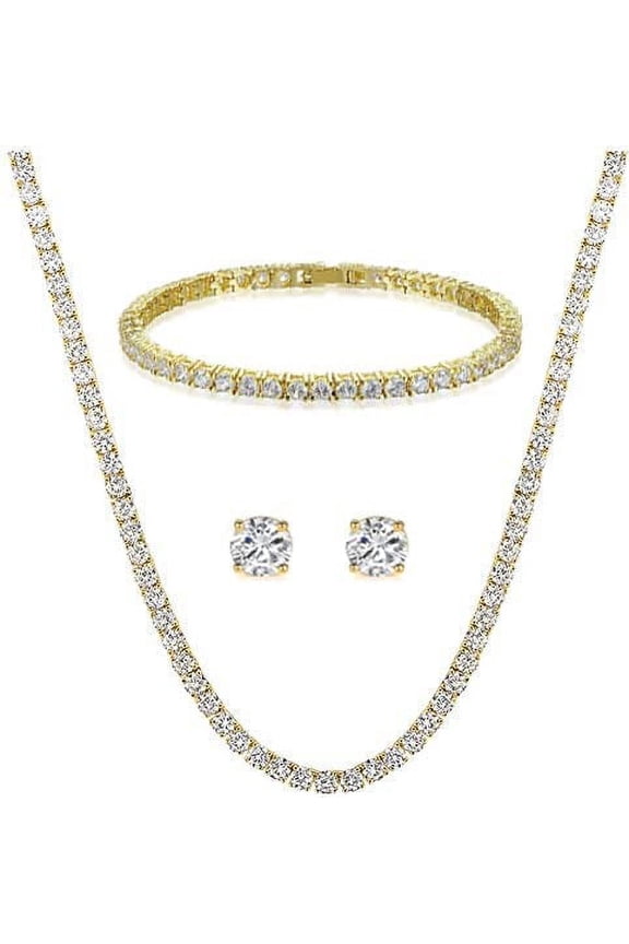 Slay Queen w/ Ladies on Fire Hip Hop 4pc Jewelry Tennis Necklace, Pendant, Bracelet and Earrings Bling Set - TPBE-01 (20" 3pc Set Gold)