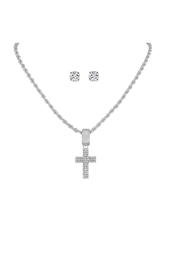 Slay Queen w/ Ladies on Fire Hip Hop Jewelry Necklace, Pendant, and Earrings Bling Set - TPBE-01 (20, Rope Chain Slv Stone Cross)