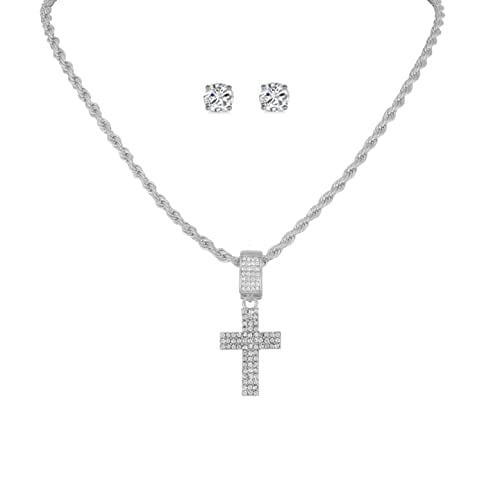 Slay Queen w/ Ladies on Fire Hip Hop Jewelry Necklace, Pendant, and Earrings Bling Set - TPBE-01 (24, Rope Chain Slv Stone Cross)
