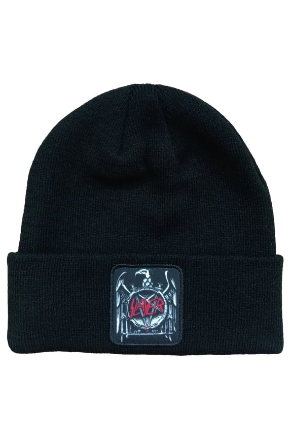Slayer Eagle Patch Ribbed Knit Beanie Hat Black | Officially Licensed Merchandise