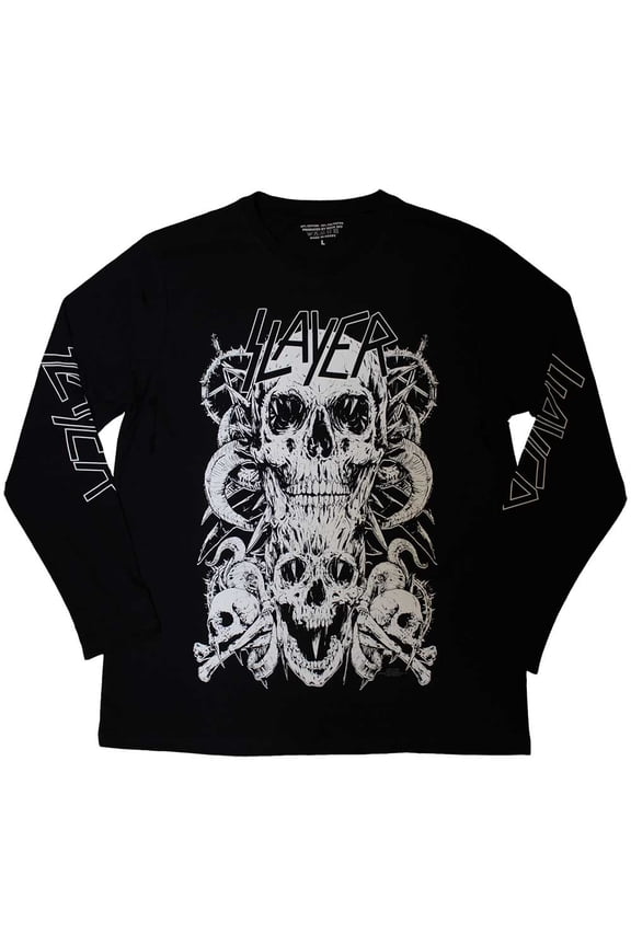 Slayer Unisex Long Sleeve T-Shirt: White Skulls (Sleeve Print)