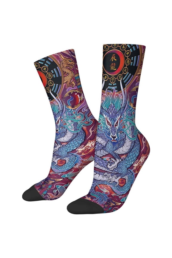1 Pair Dragon Print Crew Socks Personalized Sleep Socks Cosy Bed Socks for Causal Fashion Matching