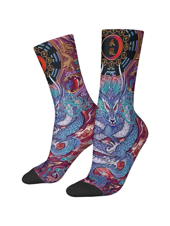 1 Pair Dragon Print Crew Socks Personalized Sleep Socks Cosy Bed Socks for Causal Fashion Matching