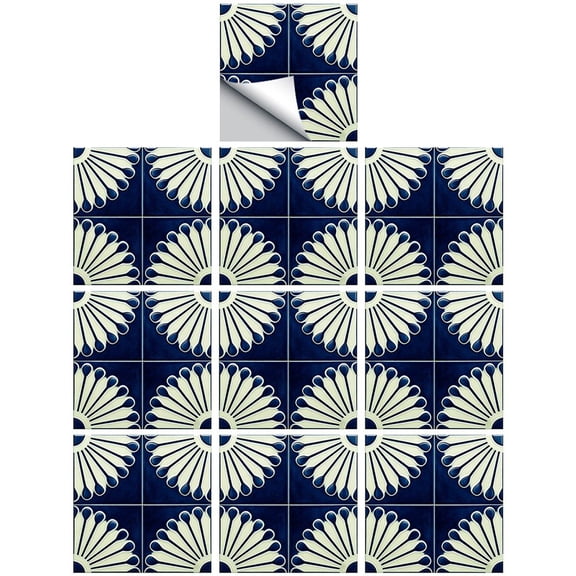 Slccxzc 10 Pack Blue Sun Pattern Tile Stickers, Waterproof Self-Adhesive Wall Decals for Kitchen Bathroom
