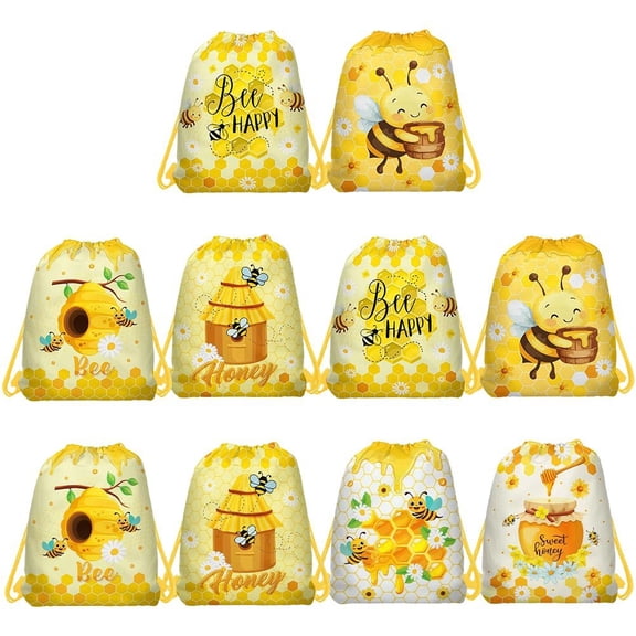 Slccxzc 10Pcs Bee Non-Woven Drawstring Backpack Gift Bags Birthday Favor Tote Reusable Storage Bags