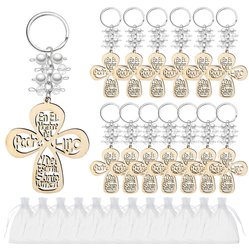Slccxzc 12Pcs Baptism Cross Wooden Keychains with Organza Gift Bags, Christening Favors