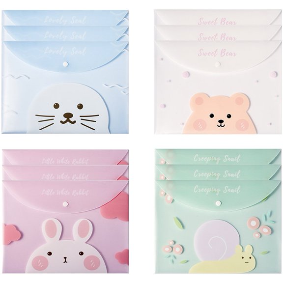 Slccxzc 12pcs A4 Document Plastic Wallets Envelopes Cute Cartoon Popper Wallets Folders