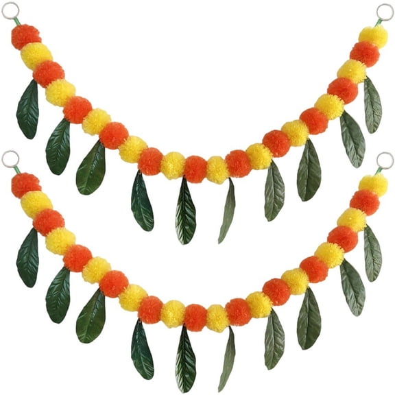 Slccxzc 2-Pack Plastic Orange Marigold Mango Leaves Garland Day of the Dead Decor