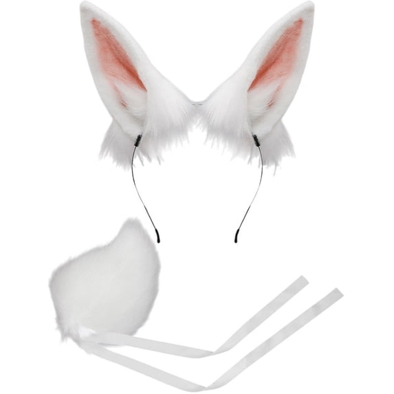 Slccxzc 2 Piece Plush Bunny Rabbit Ears Headband and Tail Set for Halloween Party (White)