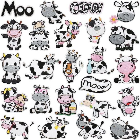 Slccxzc 24 Pcs Cow Iron on Patches Bulk Embroidered Patches for Hats Clothes Cute Repair Kit Sew on Applique DIY Accessory for Backpack Pants Jeans