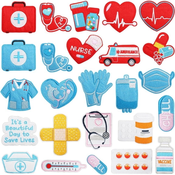 Slccxzc 25pcs Nurse Iron on Patches,Medical Nursing Sew on Applique Embroidered Patches,Nurse's Day DIY Crafts for Clothing Pants Backpack Hat