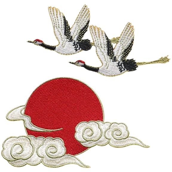 Slccxzc 2Pcs Crane Red Sun Auspicious Clouds Embroidered Patches Self-Adhesive Applique