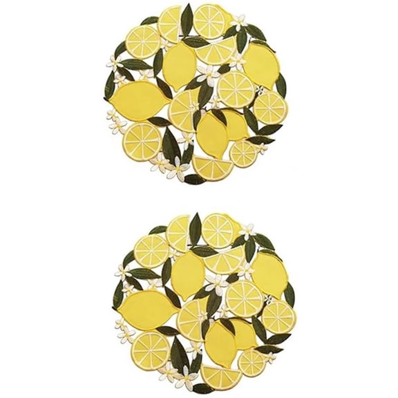 Slccxzc 2pcs Lemon Embroidered Round Placemats Reusable Non-Slip Dining Table Mats
