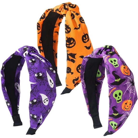 Slccxzc 3 Piece Printed Fabric Halloween Headband Set Skull Pumpkin Spider Hair Hoop for Party