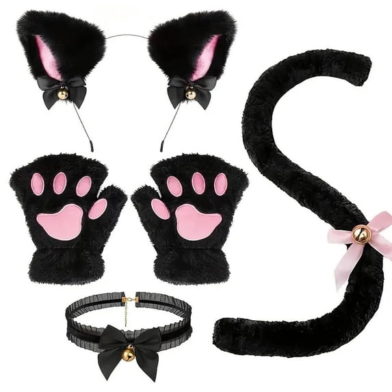Slccxzc 4Pcs Cat Ears Design Headband Set with Gloves, Choker, Tail for Party