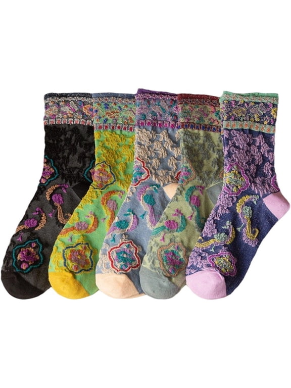 5 Pairs Flower Socks for Women, Vintage Embroidered Floral Socks Casual Ankle Sock, Breathable Mid Tube Socks, Floral Crew Socks