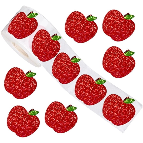 Slccxzc 500Pcs Laser Holographic Red Apple Stickers Roll Waterproof Self-Adhesive Decals