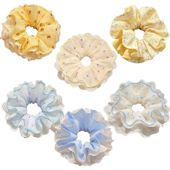Slccxzc 6pcs Large Hair Scrunchies, Lace Plaid Ponytail Holders for Women