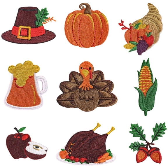 Slccxzc 9Pcs Fall Thanksgiving Embroidered Patches, Turkey Maple Leaf Pumpkin Iron on Patch Embroidered Sew on Iron on Embroidered for DIY Craft Thanksgiving Autumn Decorations