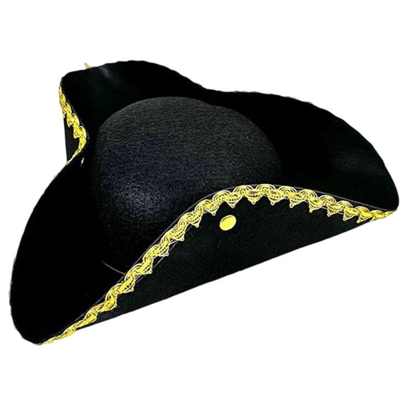 Slccxzc Black Colonial Pirate Tricorn Hat with Gold Trim,Buccaneer Cap, 37 x 33 cm, 1 Pack
