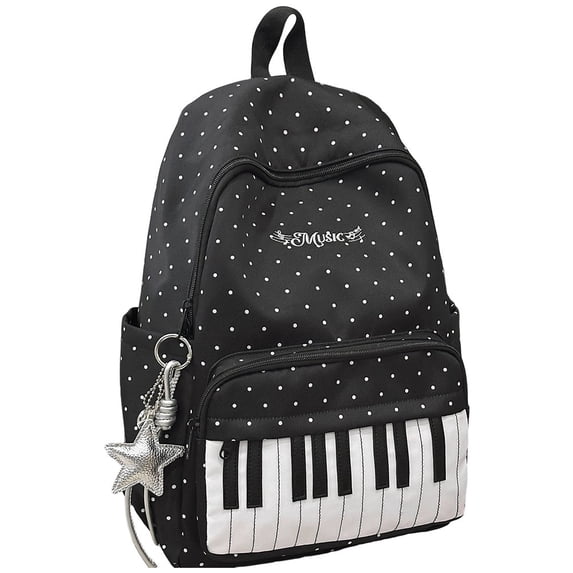 Slccxzc Black Piano and Polka Dot Print Large Capacity Backpack Casual Travel Shoulder Bag, 1 Piece