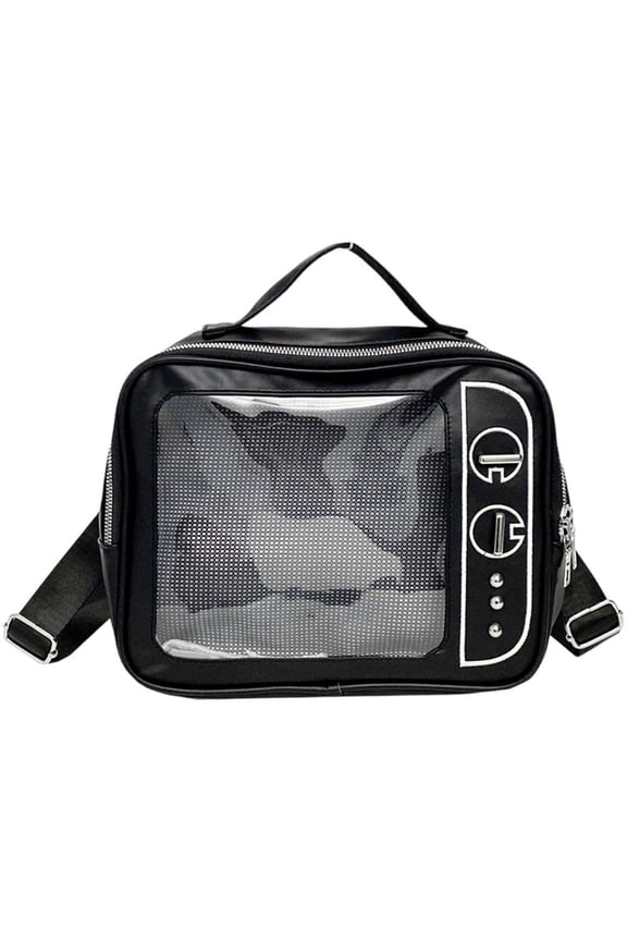 Black TV Design Ita Bag PU Leather Badge Pin Display Backpack Shoulder Bag