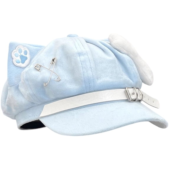 Slccxzc Blue Puppy Ears Beret Hat with Pin Plush Bone Y2K Painter Beanie Women Fall Winter Streetwear Cap