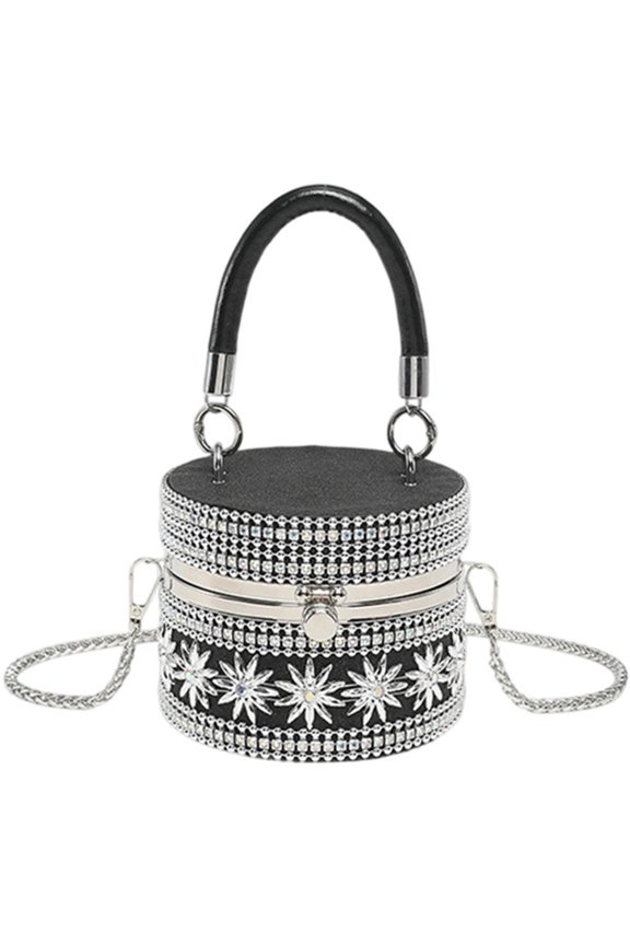 Cylindrical Rhinestone Evening Clutch Bag, Chain Strap Box Handbag for Weddings Parties