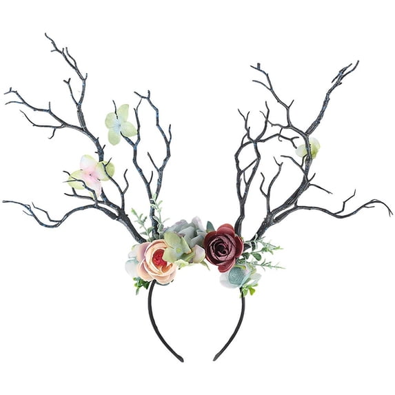 Slccxzc Floral Deer Antler Headband Forest Fairy Tree Branch Headpiece for Halloween Party