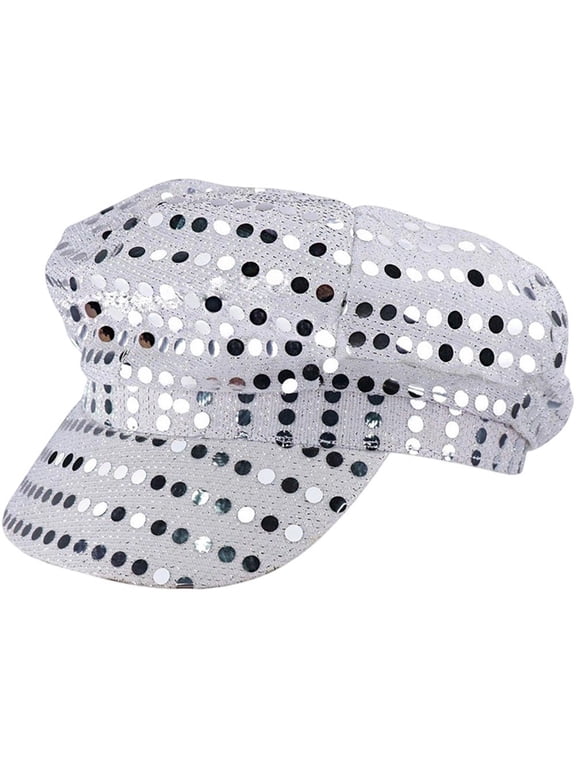 Glitter Sequin Hat 70s Disco Adult Hat Bling Hats Retro Dance Caps Newsboy Cap Beret for Birthday Party White