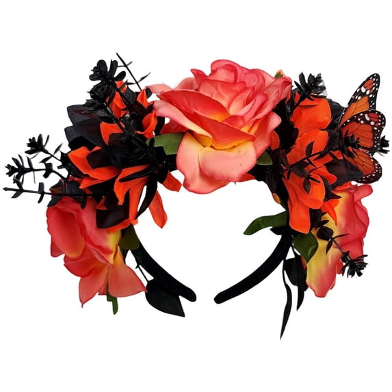 Slccxzc Gothic Rose Flower Crown Headband Butterfly Hair Wreath for Halloween Day of the Dead