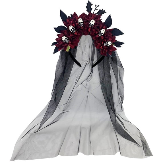 Slccxzc Gothic Zombie Bride Veil Headband Flower Skull Black Tulle Headpiece for Halloween